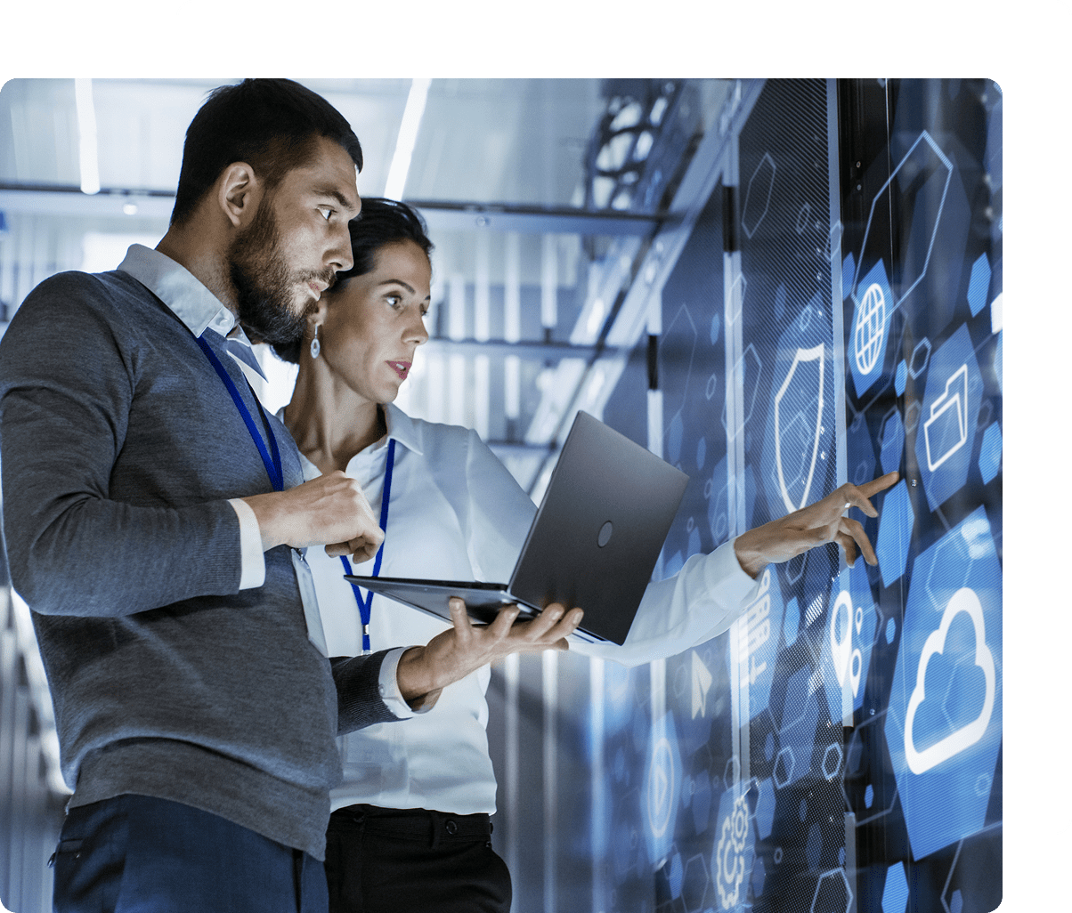 Business professionals engaging with digital technology.