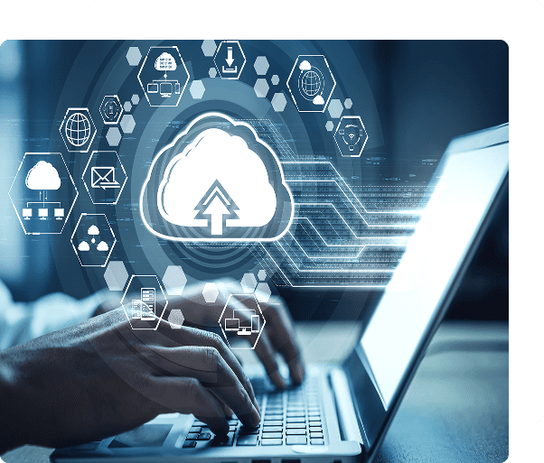 Hands typing on a laptop with cloud graphics.
